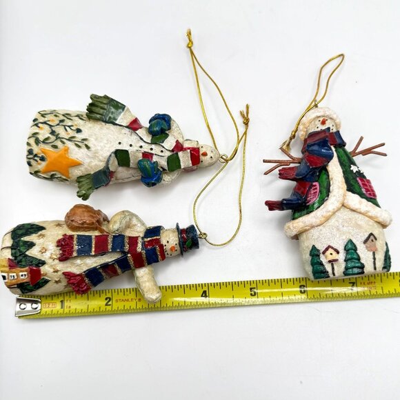 Set Of 3 Hand-Painted Snowman Christmas Ornaments Glitter Accents Hanging String - Picture 2 of 11
